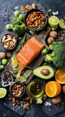 Vibrant photo of Healthy food concept with salmon, avocado, broccoli, nuts, and citrus on a dark background.