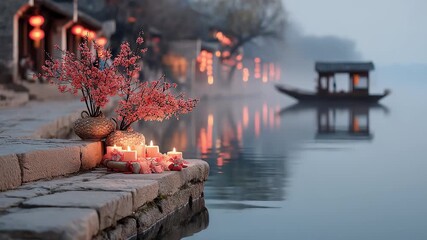 Serene Water Town Winter Night Festive Lights and Candles