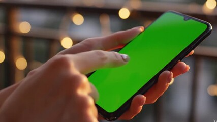 Finger Touching Smartphone With Green Screen Mockup In Night Urban Lighting For Mobile App Interface Advertising And Digital Promotion