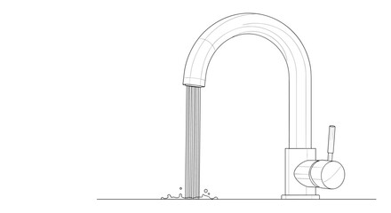 A modern kitchen faucet with water running into a sink, depicted in a clean and simple black and white architectural line drawing.