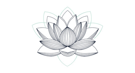 An elegant lotus flower drawn with clean geometric lines, symbolizing purity, spirituality, yoga, and wellness on a white background.