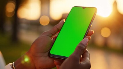 Hand Holding Smartphone With Bright Green Screen Mockup In Outdoor Evening Light For App Presentation Advertising And Digital Marketing Use