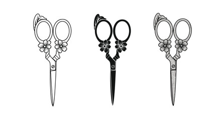 A set of ornate, vintage-style embroidery scissors with floral details, shown in outline, silhouette, and shaded illustration styles.