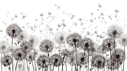 Numerous mature seed heads of a common flowering plant display delicate parachutes floating away against a bright background