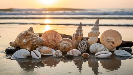 Diverse collection of seashells and driftwood on a wet sandy beach reflecting the golden light of sunset
