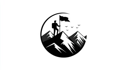 Mountaineer successfully plants a flag atop a jagged peak inside a circular frame