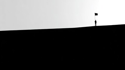 Lone figure stands atop a dark horizon holding a small flag against a bright sky