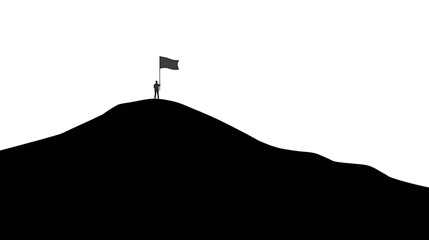 Silhouette of person planting flag atop a hill against white background