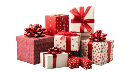 
A stack of red and white presents with a red bow on top

