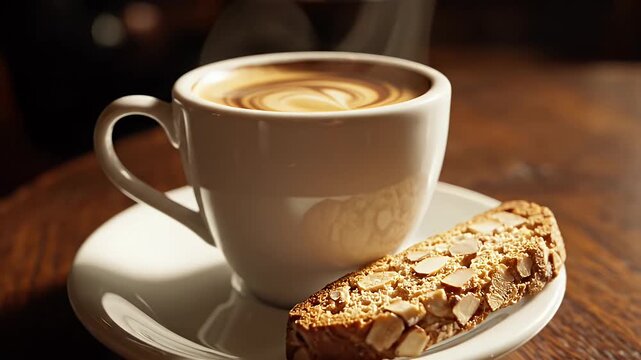A steaming cup of coffee with latte art and biscotti