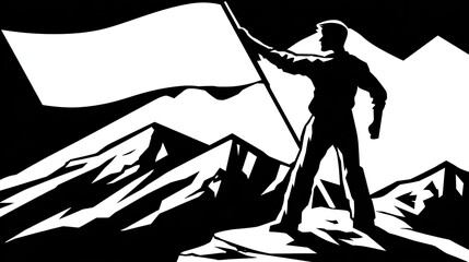 Male silhouette plants a large, billowing flag atop a rugged, snowy mountain summit