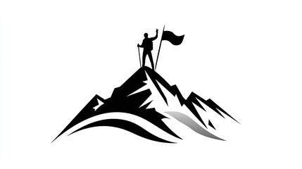 Silhouette figure stands atop a jagged mountain peak holding a flag and pole