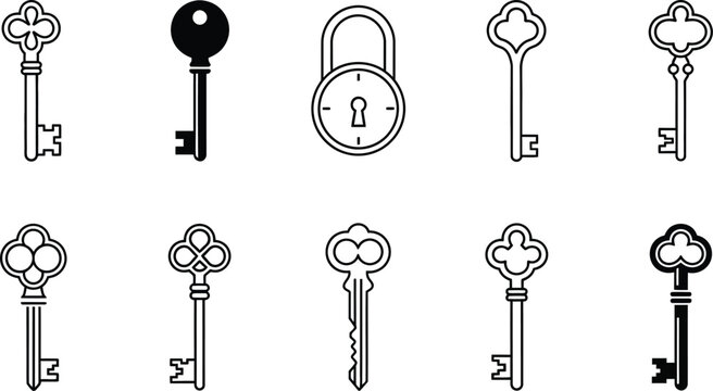 Vintage metal cutlery silhouettes and antique skeleton key icons form a vector collection of old victorian house security symbols and retro door lock shapes in a set