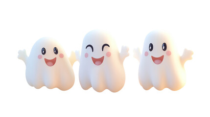 
Three white ghosts are smiling and waving at the camera
