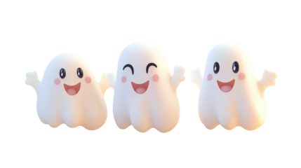 
Three white ghosts are smiling and waving at the camera

