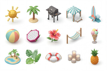 Tropical island and beach vacation isometric 3d icon collection isolated on white background. Summer holiday elements including palm tree, hammock, surfing, island and cabana
