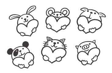 イラスト素材・可愛い動物のアイコンセット（モノクロ）