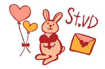 バレンタイン素材セット・うさぎとラブレターとバルーン（カラー）