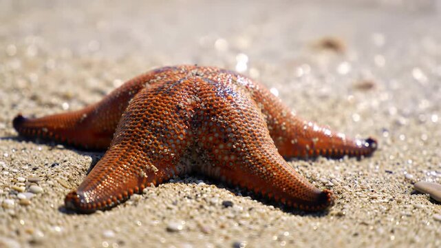 Textured orange starfish sits nestled on a beach of sand and small pebbles, bathed in bright sunlight