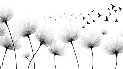 Delicate wispy seed heads float against a stark white background with silhouetted birds taking flight