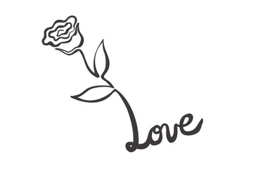 手書き素材・一筆書きで描いたバラとLOVE