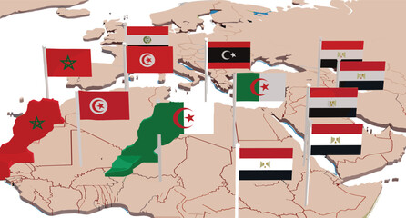 Obraz premium 3D map illustration showing North African countries and flags, including Morocco, Algeria, Tunisia, Libya, and Egypt, emphasizing regional relations