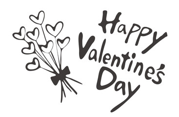 バレンタイン素材・手描きのハートの束とバレンタインの文字（モノクロ）