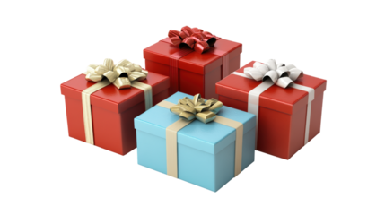 Four boxes of different colors and sizes, with a bow on top of each one