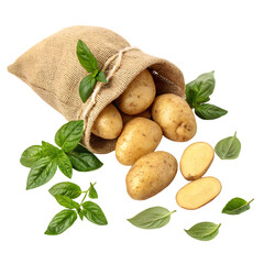 Fresh Potatoes & Basil, Rustic Sack on transparent background