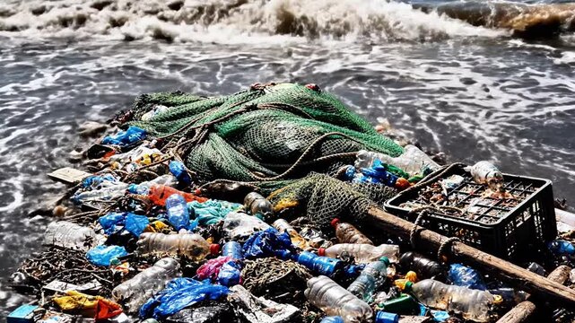 Polluted beach scene with trash and debris washed up on shore by waves.