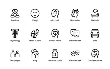 Psychology mental wellness symbol icons. Premium icon set featuring brain activity, emotions, therapy concepts, mindfulness and human behavior