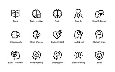 Psychology human mind emotion icons. Mental health themes including stress, sleep, therapy, relationships, balance and self awareness symbols