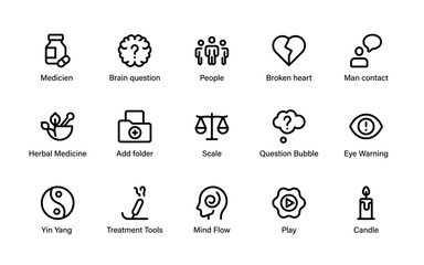 Psychology mental health awareness icons. Human mind emotions, therapy ideas, brain symbols, wellbeing care, stress control and personal balance collection