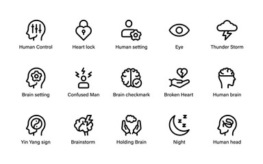 Psychology brain emotion concept icons. Mental wellness symbols showing therapy, mindfulness, confusion, healing, relationships and care