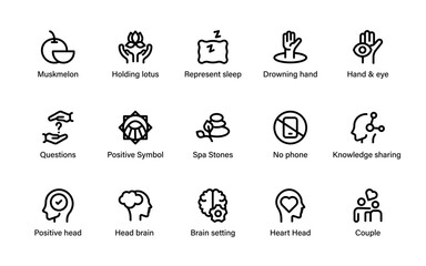 Psychology mental wellbeing icon collection. Brain psychology symbols representing emotions, therapy support, stress relief and balance