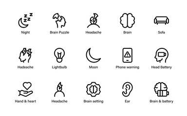 Psychology mental health brain icons. Emotional wellness, therapy concepts, mindfulness practice, headache signs, relationships and awareness symbols