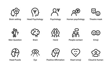 Psychology mental health awareness icons. Emotional wellbeing, depression signs, brain functions, relationships, therapy concepts and human feelings