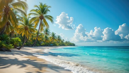 Serene tropical beach with swaying palm trees and turquoise waves
