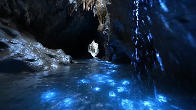 Subterranean river flows through a dark cavern with glowing blue water
