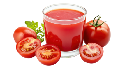 A glass of tomato juice is poured over a tomato and a bunch of green leaves