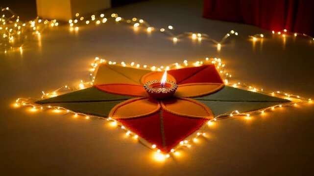 Contemporary Diwali scene with a sleek geometric rangoli pattern in subtle colors, golden fa