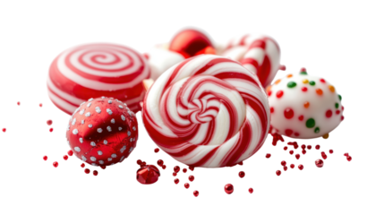 A bunch of candy with a red and white swirl and a red and white ball