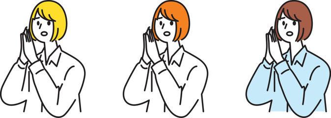 「ごめん」と謝る若い女性の上半身イラスト