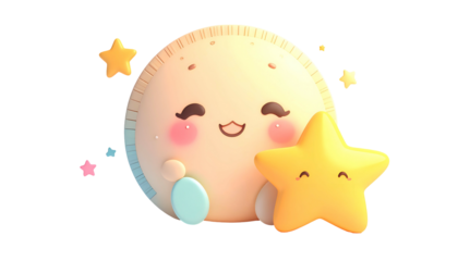 Animated, smiling celestial bodies with rosy cheeks, and cheerful expressions floating in space