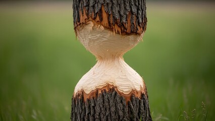 Tree trunk gnawed by a beaver in the forest.