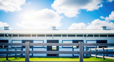 Naklejka premium A blue and white horse stable with a wooden fence in front of it, set against a blue sky with white clouds.