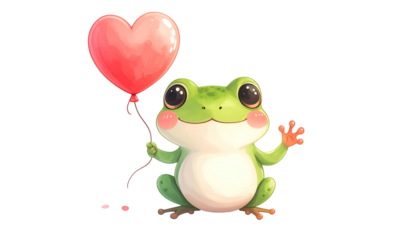 Cute cartoon frog with heart-shaped balloon, waving hello. Clear background