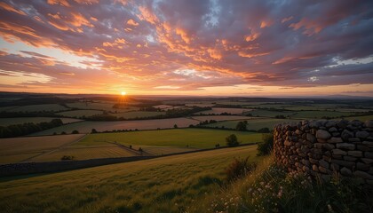 Fototapeta premium Serene countryside landscape at sunset with stone wall and vibrant sky