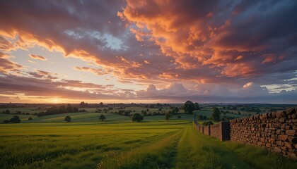 Serene countryside landscape with stone wall at sunset
