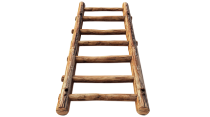 A wooden ladder with six steps. The ladder is made of wood and is placed on a white background